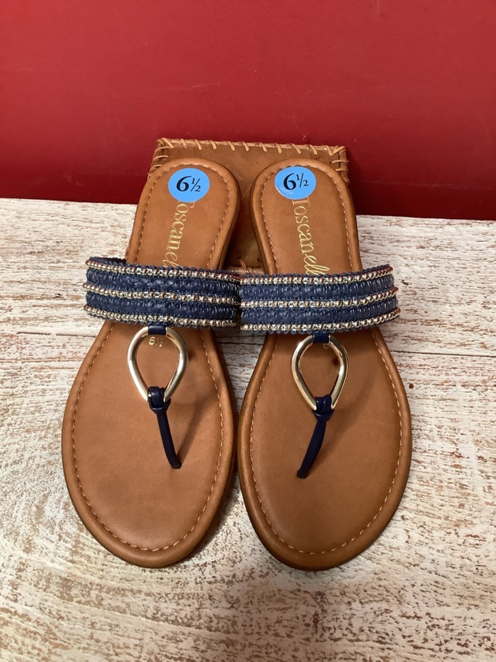 Toscanelli  NWT 6 1/2 Italian Navy Boho Beaded T-Strap Tan Slide Sandals Flats